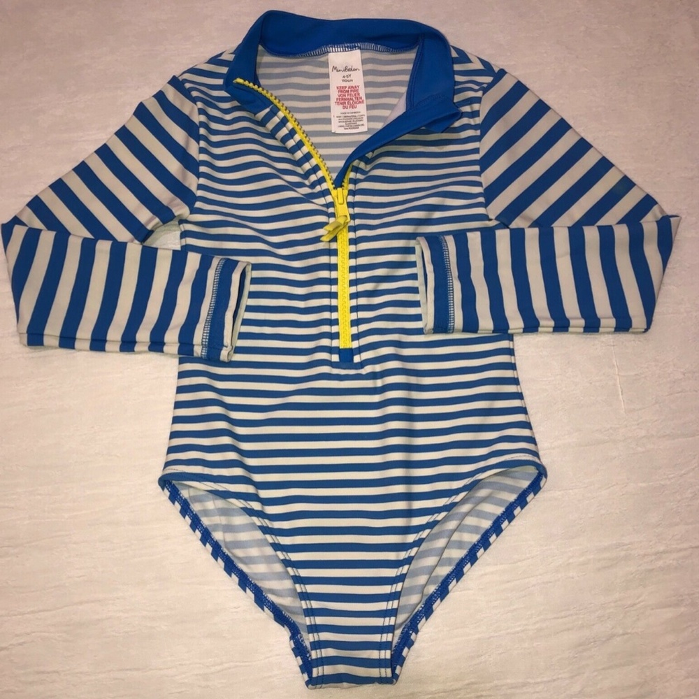 Mini Boden Girls 1 Piece Swimsuit Rash Guard Zipper Blue Striped Size 4/5